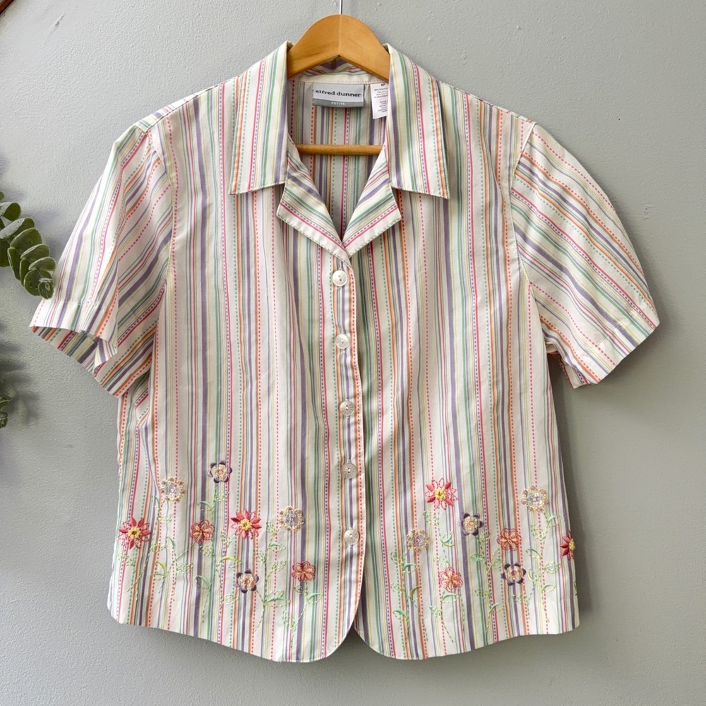 Vtg Alfred Dunner Shirt Cottagecore Button Up Striped Floral Embroidered Pastel